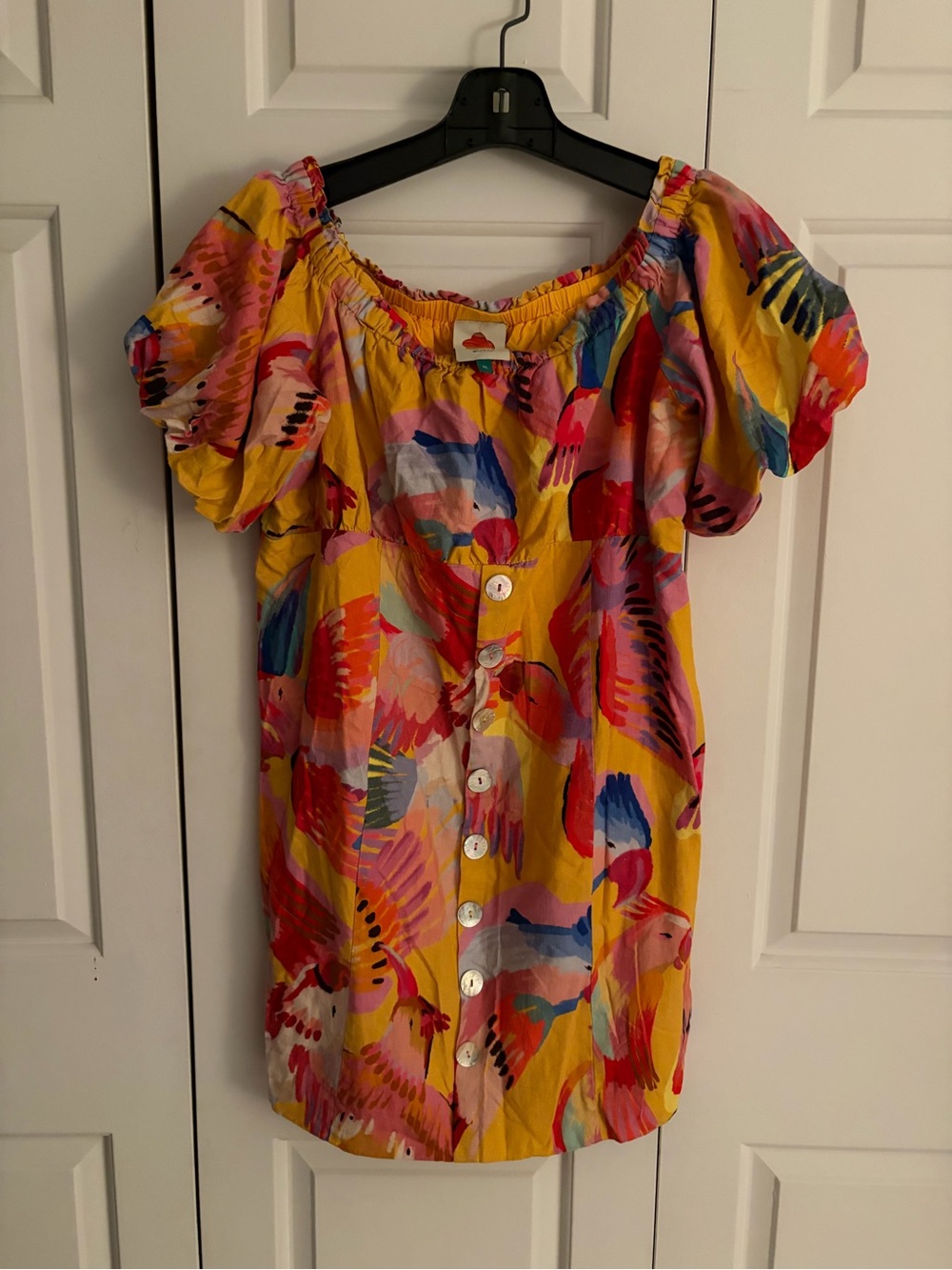 FARM Rio neon macaws Yellow Multi-Color Puff Sleeve Mini Dress Womens size XL